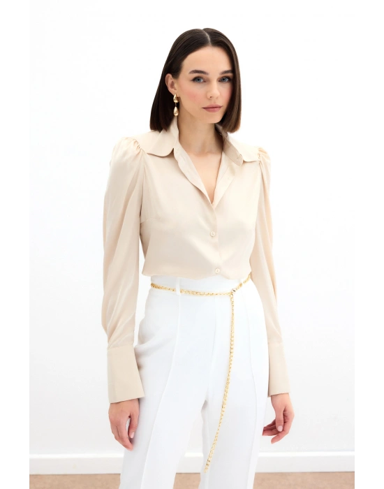 Vatkalı Saten Gömlek - Bej