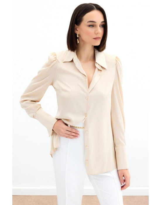 Vatkalı Saten Gömlek - Bej