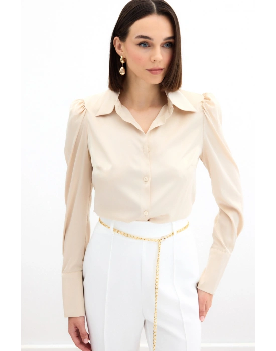 Vatkalı Saten Gömlek - Bej