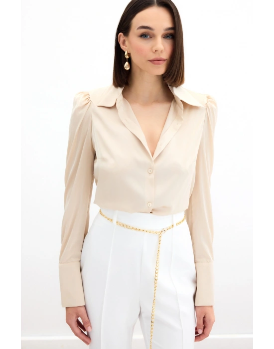 Vatkalı Saten Gömlek - Bej
