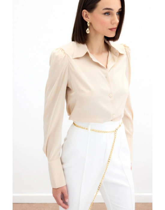 Vatkalı Saten Gömlek - Bej