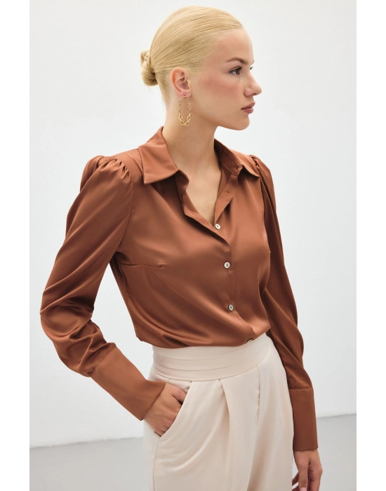 Vatkalı Saten Gömlek - Kahve