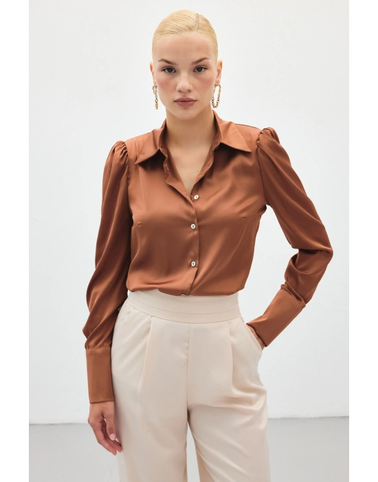 Vatkalı Saten Gömlek - Kahve