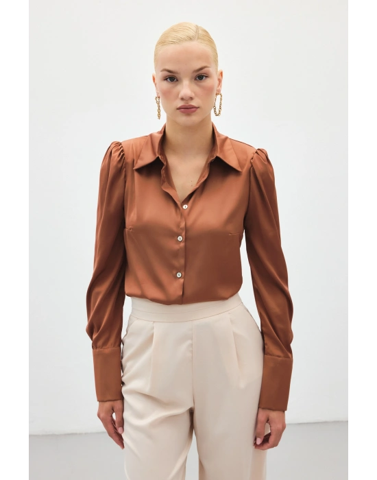 Vatkalı Saten Gömlek - Kahve