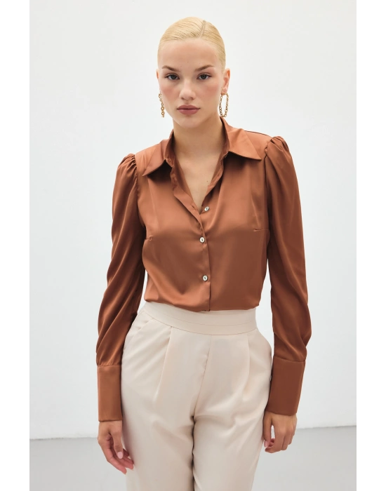 Vatkalı Saten Gömlek - Kahve