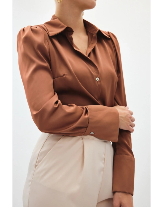 Vatkalı Saten Gömlek - Kahve
