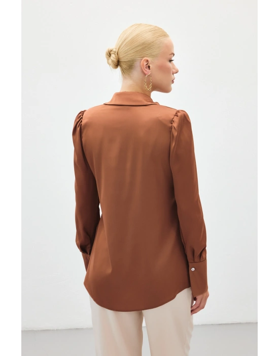 Vatkalı Saten Gömlek - Kahve