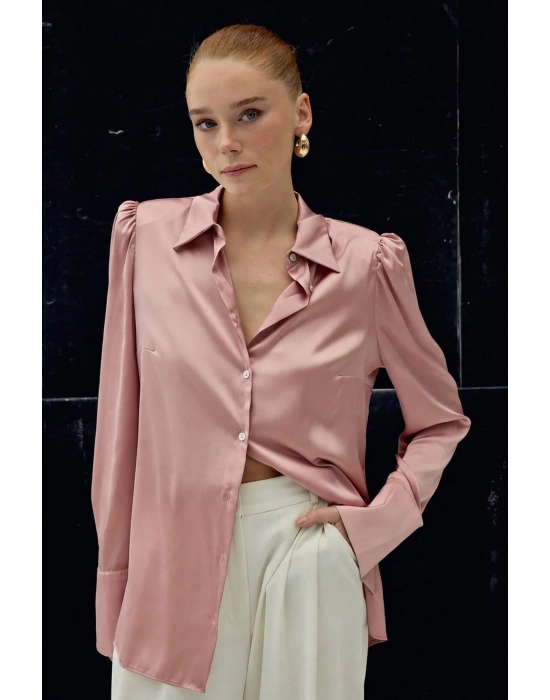 Vatkalı Saten Gömlek - Pembe
