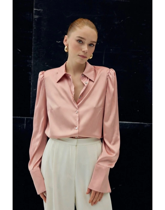 Vatkalı Saten Gömlek - Pembe