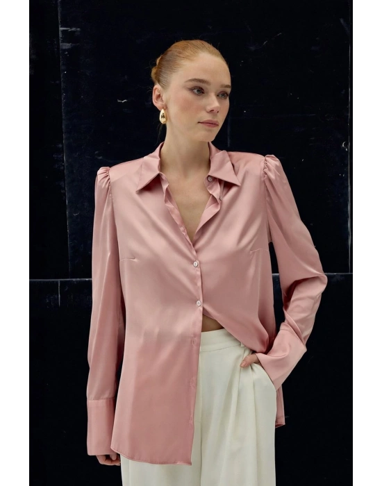 Vatkalı Saten Gömlek - Pembe