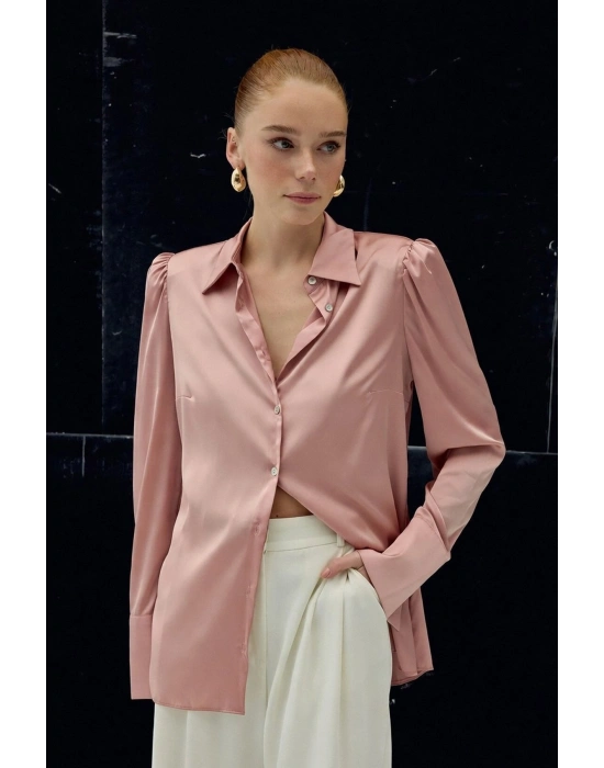 Vatkalı Saten Gömlek - Pembe
