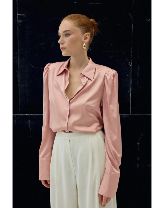 Vatkalı Saten Gömlek - Pembe