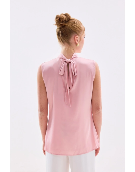 Yaka Detaylı Saten Bluz - Pembe