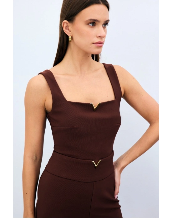 Yaka Gold Aksesuarlı Bluz - Kahve