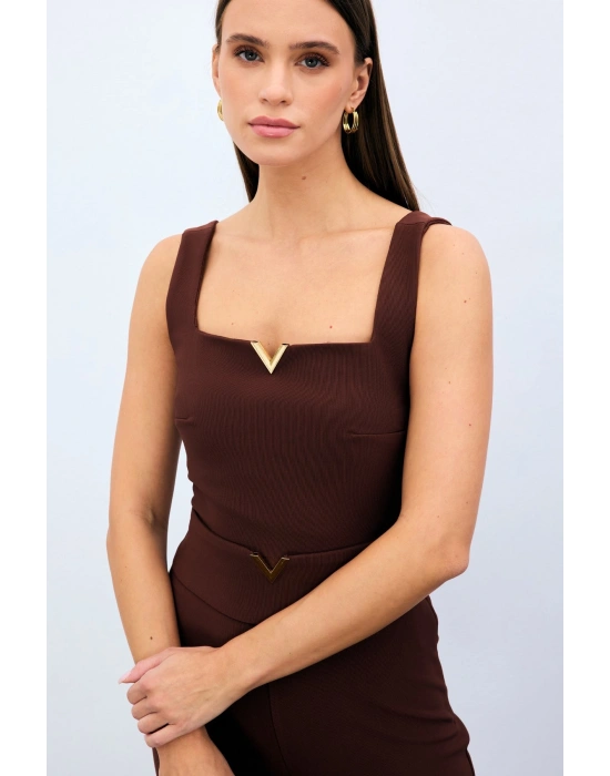 Yaka Gold Aksesuarlı Bluz - Kahve