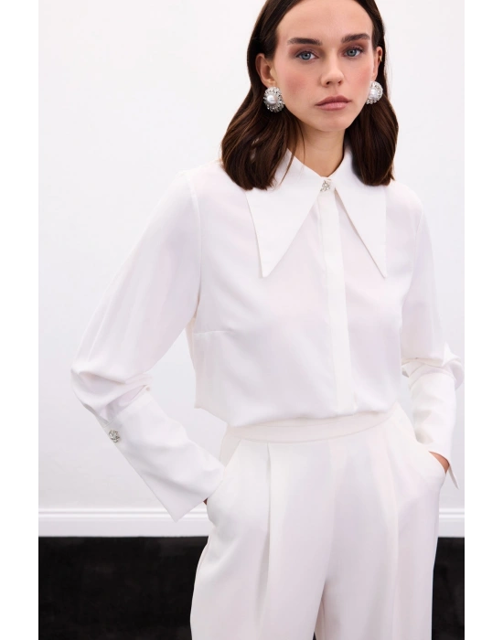 Yaka Ve Manşet Aksesuarlı Gömlek - Ekru