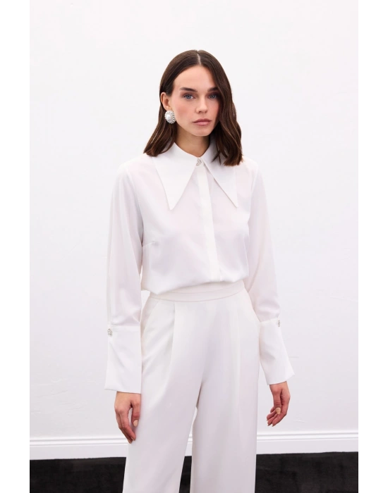 Yaka Ve Manşet Aksesuarlı Gömlek - Ekru