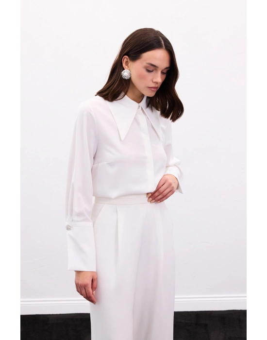 Yaka Ve Manşet Aksesuarlı Gömlek - Ekru