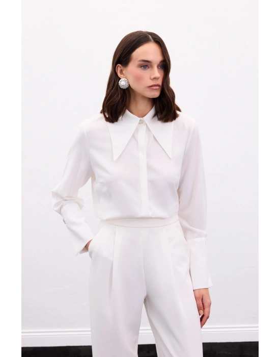 Yaka Ve Manşet Aksesuarlı Gömlek - Ekru