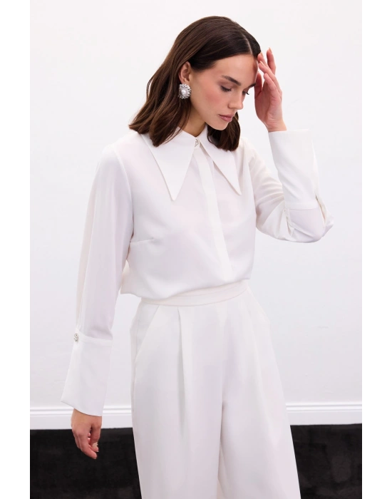 Yaka Ve Manşet Aksesuarlı Gömlek - Ekru