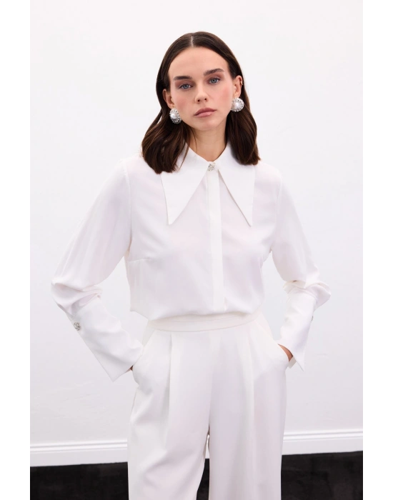 Yaka Ve Manşet Aksesuarlı Gömlek - Ekru