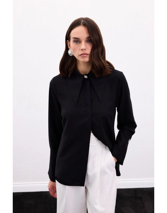 Yaka Ve Manşet Aksesuarlı Gömlek - Siyah
