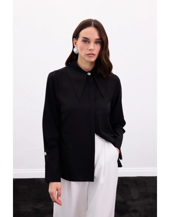 Yaka Ve Manşet Aksesuarlı Gömlek - Siyah