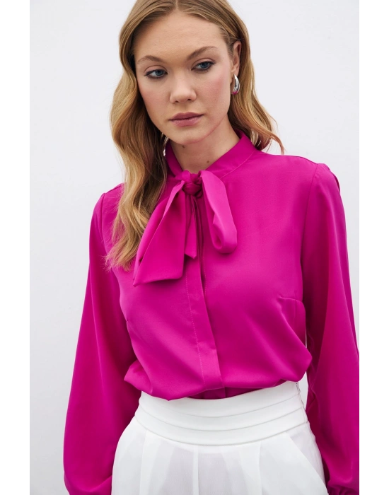 Yakası Bağlamalı Düz Gömlek - Fuşya