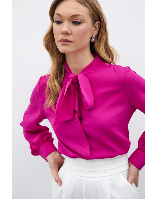Yakası Bağlamalı Düz Gömlek - Fuşya