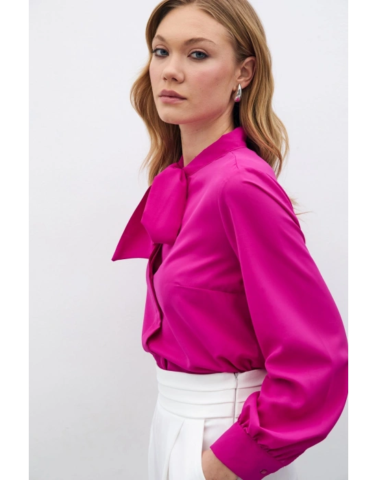 Yakası Bağlamalı Düz Gömlek - Fuşya