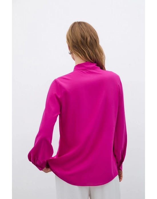 Yakası Bağlamalı Düz Gömlek - Fuşya