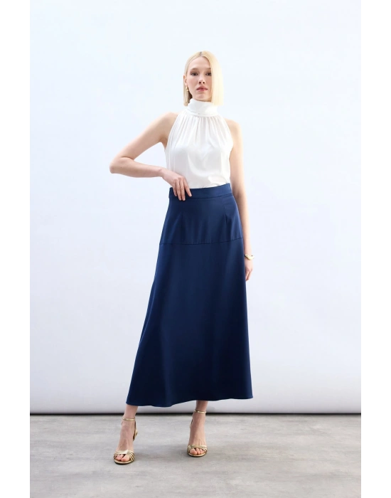 Yüksek Bel Saten Etek - Lacivert