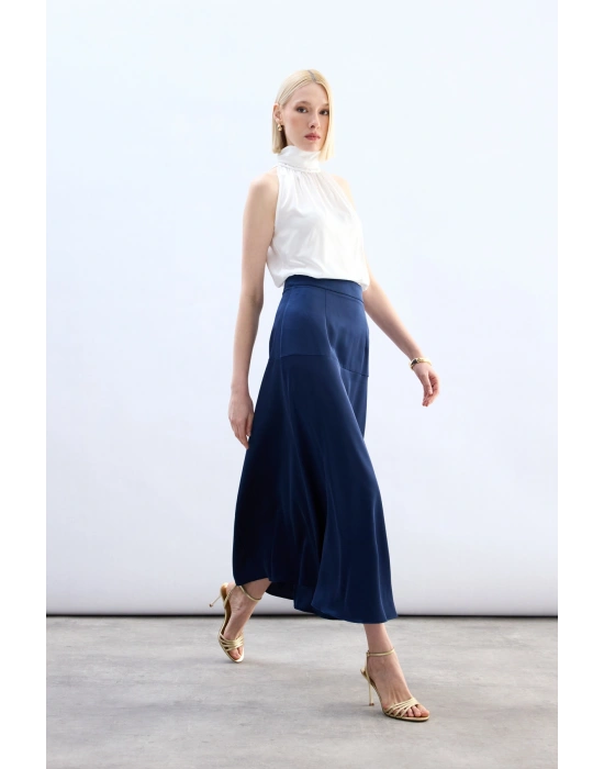 Yüksek Bel Saten Etek - Lacivert