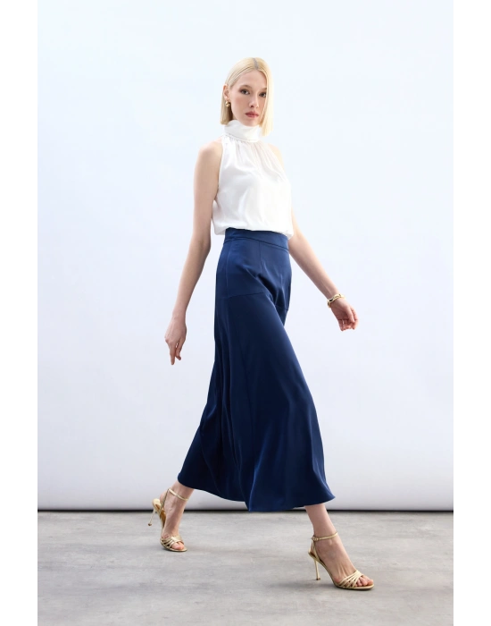Yüksek Bel Saten Etek - Lacivert