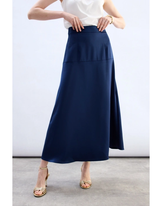 Yüksek Bel Saten Etek - Lacivert