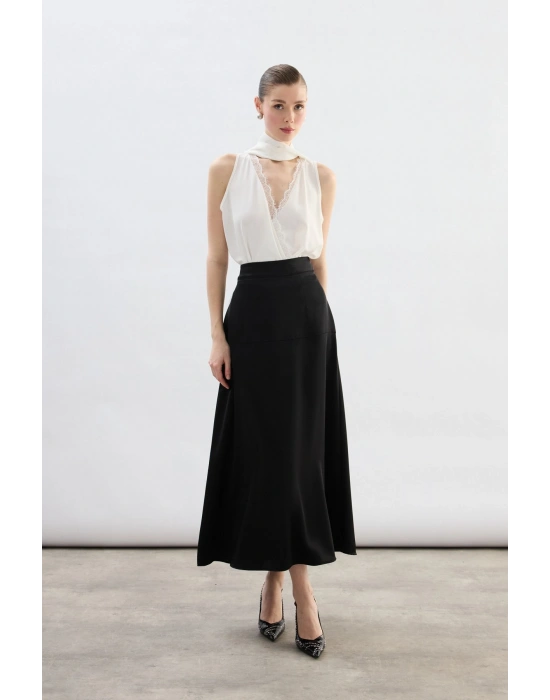 Yüksek Bel Saten Etek - Siyah