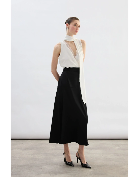 Yüksek Bel Saten Etek - Siyah