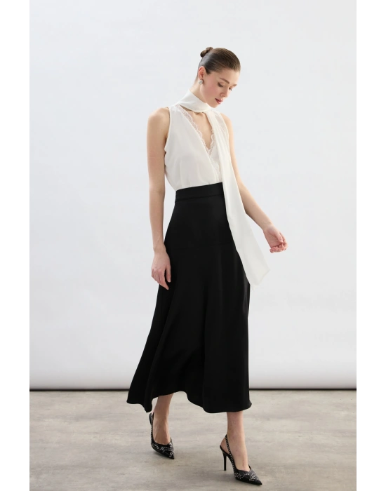 Yüksek Bel Saten Etek - Siyah