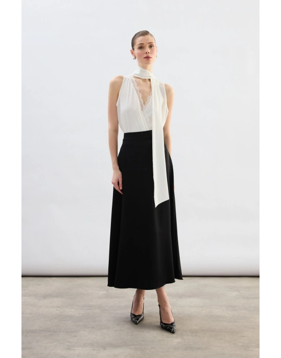 Yüksek Bel Saten Etek - Siyah