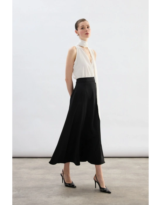 Yüksek Bel Saten Etek - Siyah