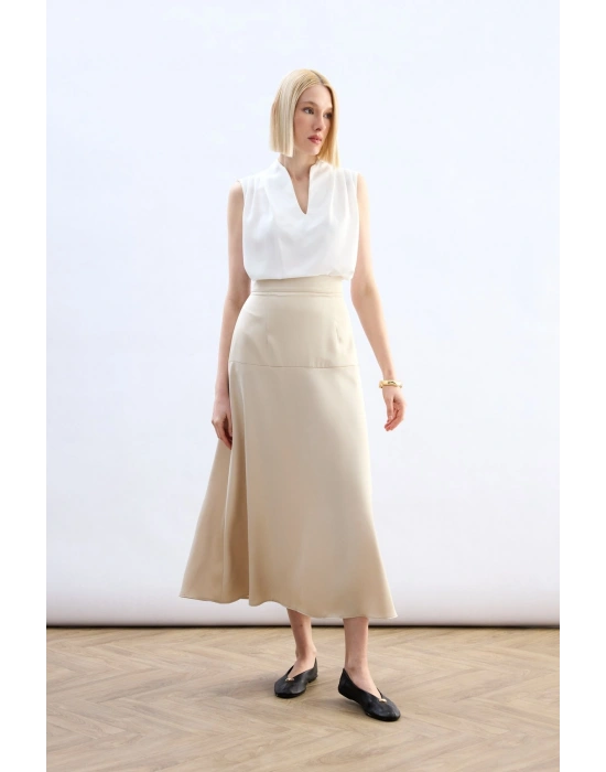Yüksek Bel Saten Etek - Taş