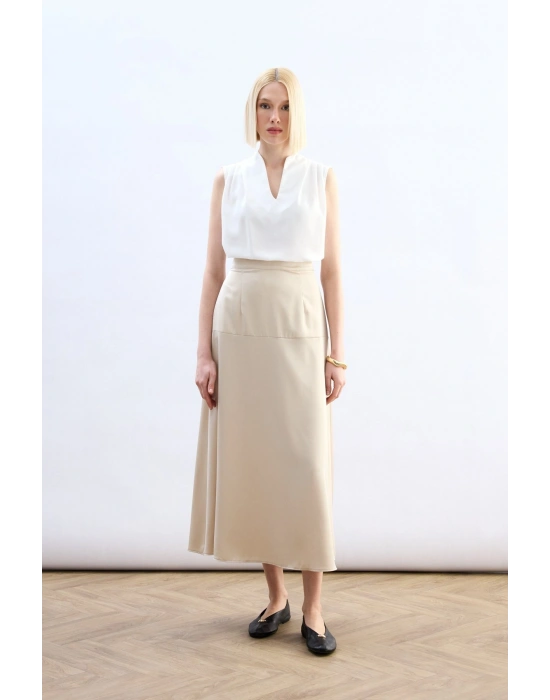 Yüksek Bel Saten Etek - Taş