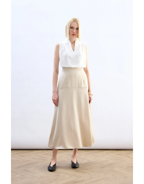 Yüksek Bel Saten Etek - Taş