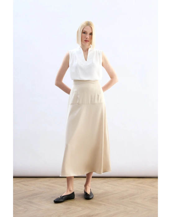 Yüksek Bel Saten Etek - Taş