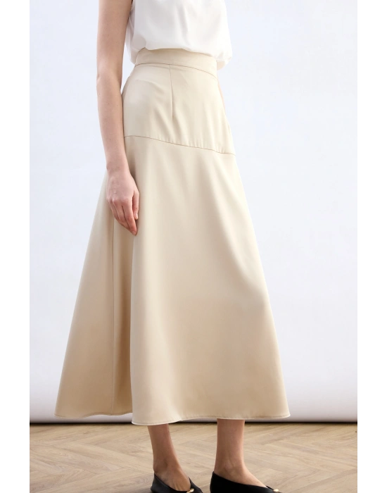 Yüksek Bel Saten Etek - Taş