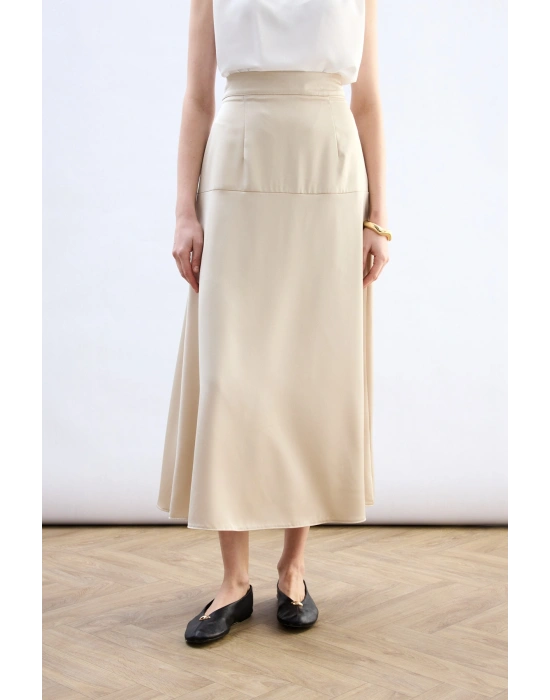 Yüksek Bel Saten Etek - Taş