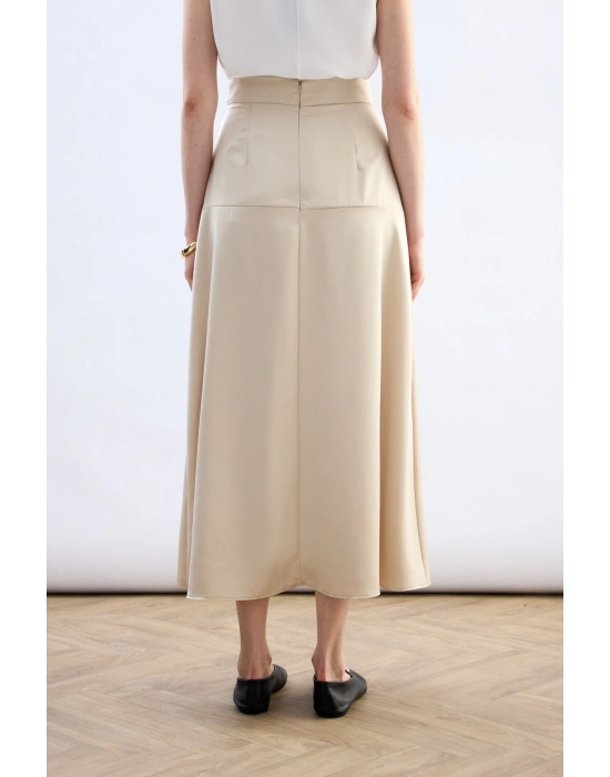 Yüksek Bel Saten Etek - Taş