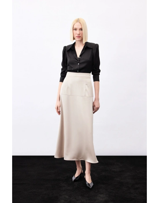 Yüksek Bel Saten Etek - Vizon