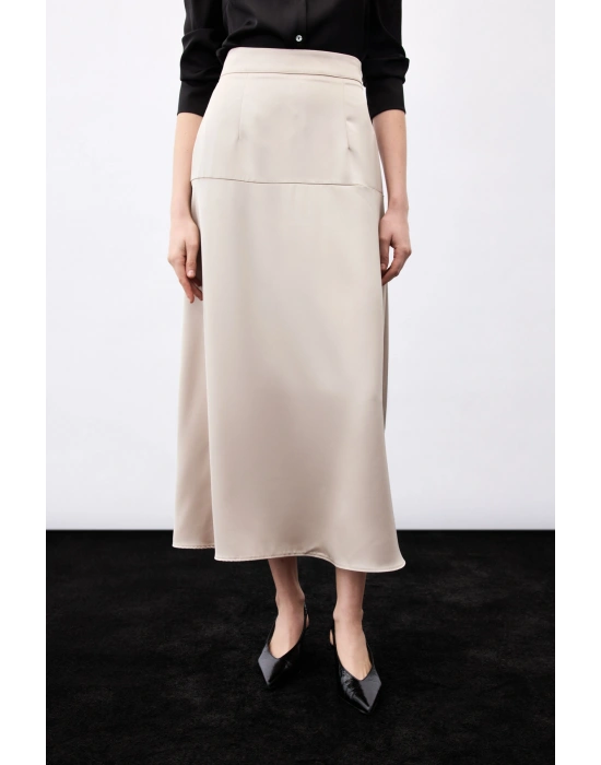 Yüksek Bel Saten Etek - Vizon