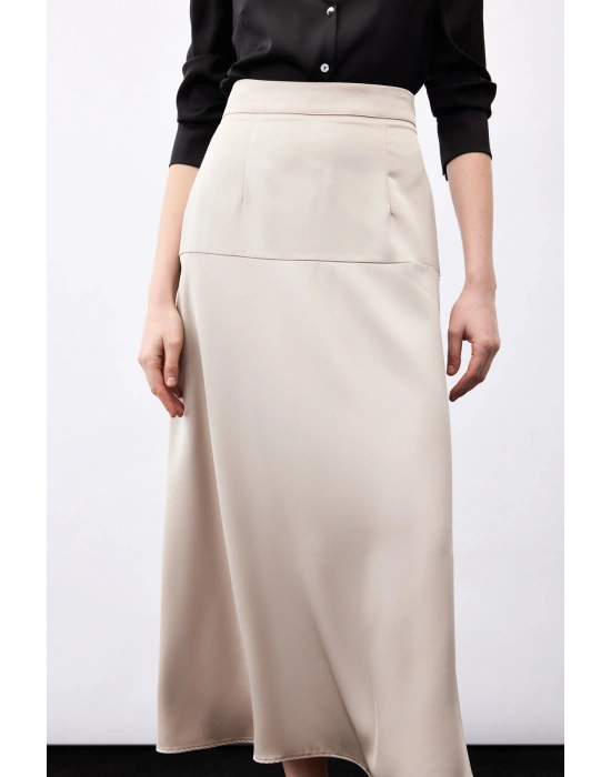 Yüksek Bel Saten Etek - Vizon